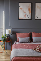 Pink and grey hotel bedroom