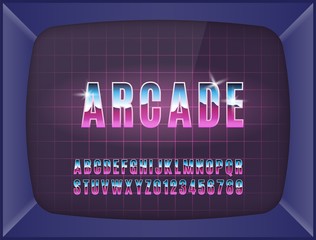 Retro arcade game machine. Screen background and font. Vector illustration.