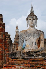 Ancient statues and buildings in sukhothai historical park, Thailand