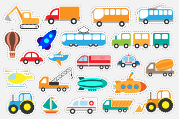 Different colorful transport for children, fun education game for kids, preschool activity, set of stickers, vector illustration