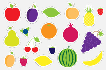 Different colorful fruit for children, fun education game for kids, preschool activity, set of stickers, vector illustration