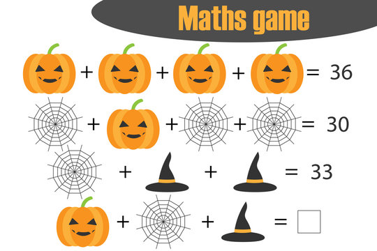Maths game with pictures (halloween theme) for children, middle level, education game for kids, preschool worksheet activity, task for the development of logical thinking, vector illustration