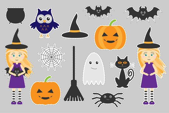 Different colorful halloween pictures for children, fun education game for kids, preschool activity, set of stickers, vector illustration