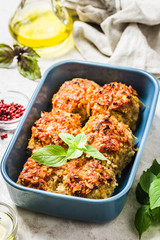 Oven baked chicken and vegetable rissoles in baking dish. Selective focus, space for text.