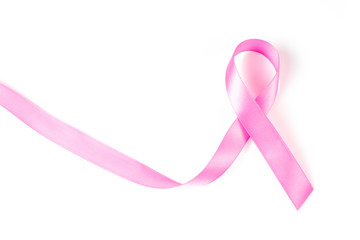 Pink ribbon breast cancer awareness over white background with copy space for text, logo, or...