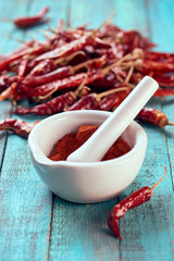 close up view of grinded chili pepper in mortar with pestle on blue wooden surface