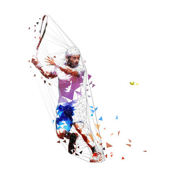 Tennis player low poly vector illustration. Isolated adult man in white shirt and blue shorts playing tennis. Individual summer sport. Active people