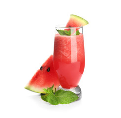 Glass with fresh watermelon smoothie on white background