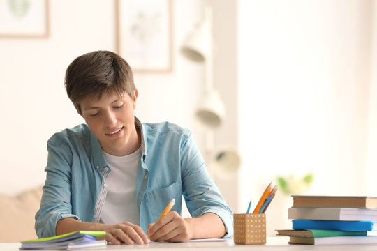 Teenager Boy Doing Homework At Home