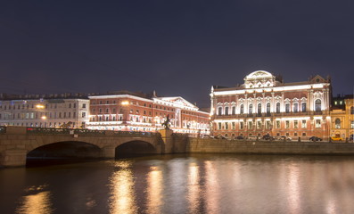 Anichkov bridge and Fontanka embankment at night, Saint etersburg, Russia