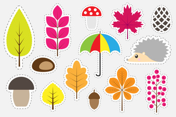 Different colorful autumn pictures for children, fun education game for kids, preschool activity, set of stickers, vector illustration