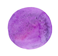bright violet hand made watercolor circle shaped stain, isolated on white background, abstract artistic element