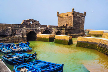 Beautiful blue boats in Essaouira old harbor, Morocco