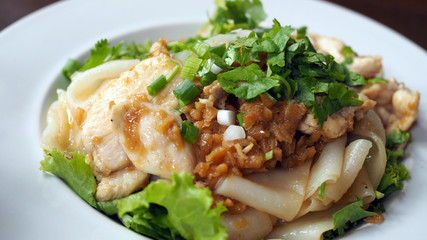Fried Noodles with Chicken. Stir fried Chicken Noodles and egg. Thai food.