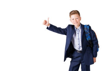 the boy in a suit and with a backpack