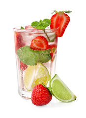 Glass of fresh strawberry mojito on white background