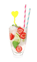 Glass of fresh strawberry mojito on white background