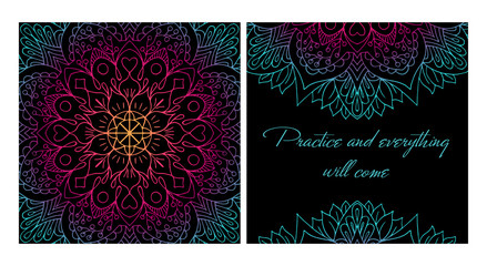Design yoga card. Elements of Mandala. Oriental pattern on black background