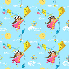 Seamless pattern with funny little girl flying with a kite, in cartoon. Ideal for cards, invitations, party, banners, kindergarten, baby shower, preschool and children room decoration 
