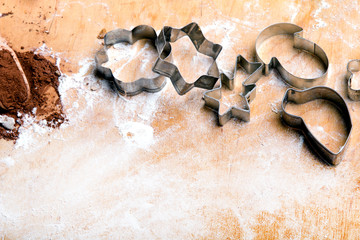 Preparing Christmas cookies. Cookies ingredients, copy space.