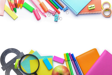 Composition with different school stationery on white background