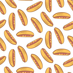Cute simple seamless pattern with cartoon hot dogs. Comic flat hotdogs texture for fast food textile, wrapping paper, package, background, restaurant or cafe banners