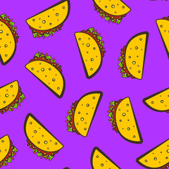 Purple seamless pattern with cute cartoon mexican taco. Comic flat pop art tacos texture for fast food textile, wrapping paper, package, restaurant or cafe menu banners