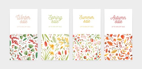 Bundle of vertical banner, promo voucher or coupon templates with seasonal flowers and plants and place for text. Spring, summer, autumn and winter sale or discount. Flat floral vector illustration.