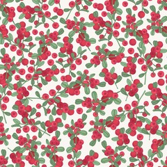 Gorgeous seamless pattern with arctic lingonberry on white background. Backdrop with boreal forest berry. Realistic vector illustration in antique style for fabric print, wallpaper, wrapping paper.