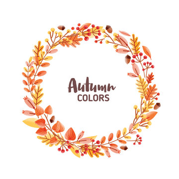 Elegant round frame, garland, wreath or border made of colorful fallen oak leaves, acorns and berries and Autumn Colors inscription inside