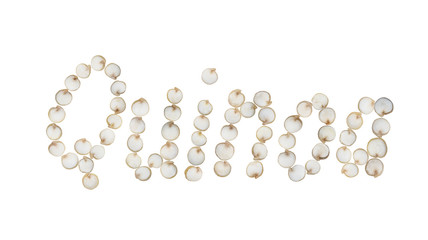 The word Quinoa written with quinoa seed letters and isolated on white background