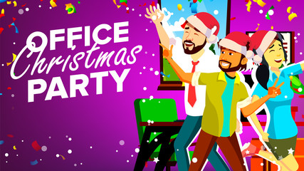 Office Christmas Party Vector. Smiling. Happy Business People. Merry Christmas And Happy New Year. Young Man, Woman. Cartoon Illustration