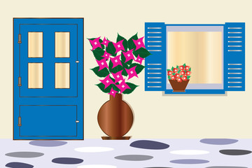 blue door and window with bougainvillea flower - traditional greek houses architecture
