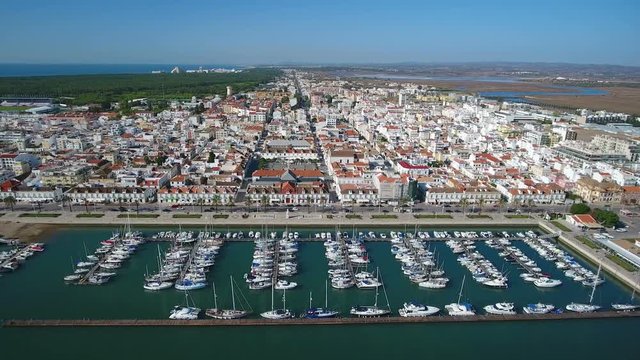 Aerial. View from the sky of the village of Vili Real Santo Antonio and the Guadiana River.