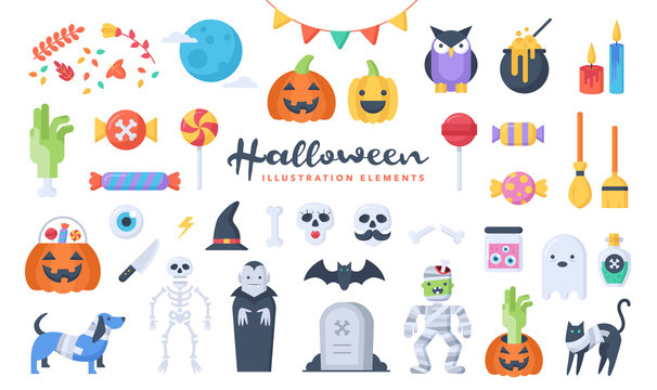 Set of cute Halloween illustration elements. Flat design style. Perfect for making your own original projects. Vector.