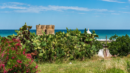 Fototapeta premium Enchanted sea. Boats in the bay of the abbey of San Vito
