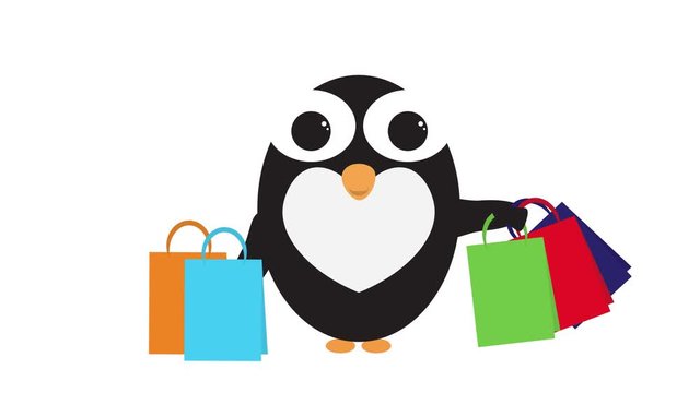 Cute animated penguin with shopping bags dancing and jumping
