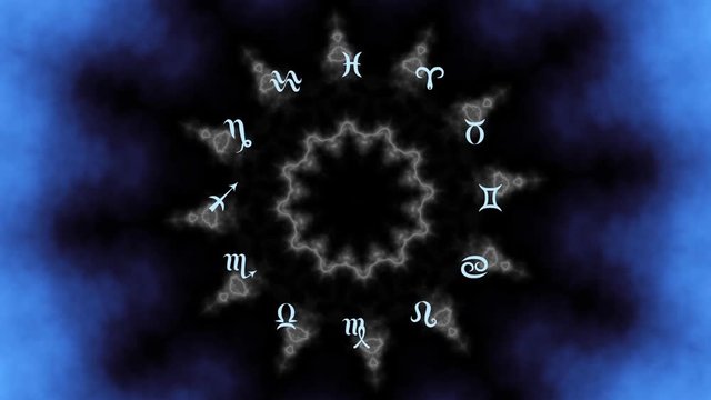 Transforming Magic circle with zodiacs sign on balck mystic mandala background..