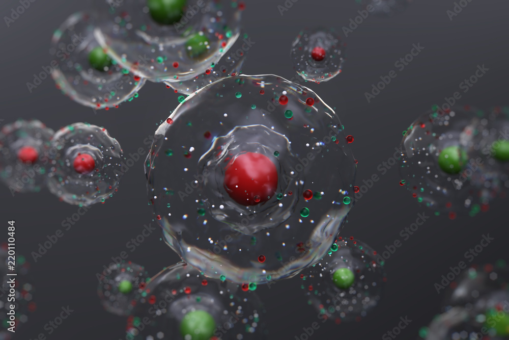 Poster 3d render abstract microbe. simplify cell concept with sphere core and several semi transparent shie