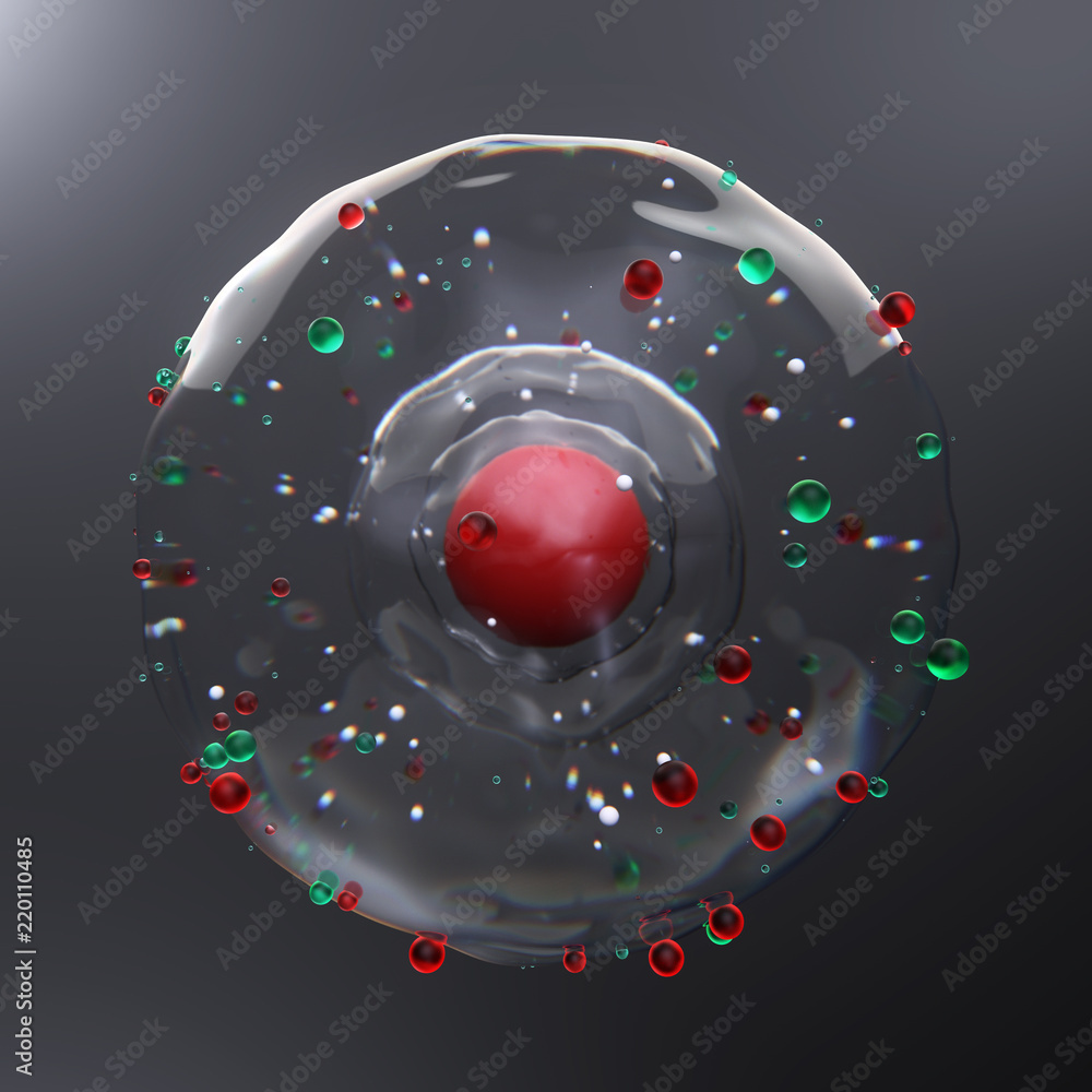 Poster 3d render abstract microbe. simplify cell concept with sphere core and several semi transparent shie