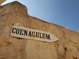 Sign pointing to the abbey of Dormition (Church of the Cenacle) on mount Zion, Israel.