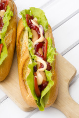 hot dog on a wooden table