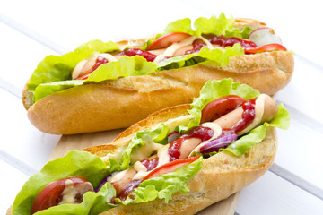 hot dog on a wooden table