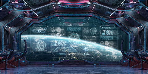 Dark spaceship interior with control panel digital screens 3D rendering © sdecoret