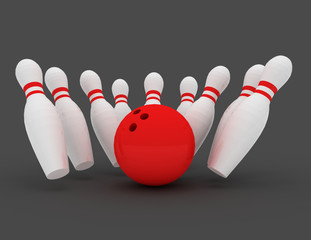 bowling pin strike . 3d rendered illustration