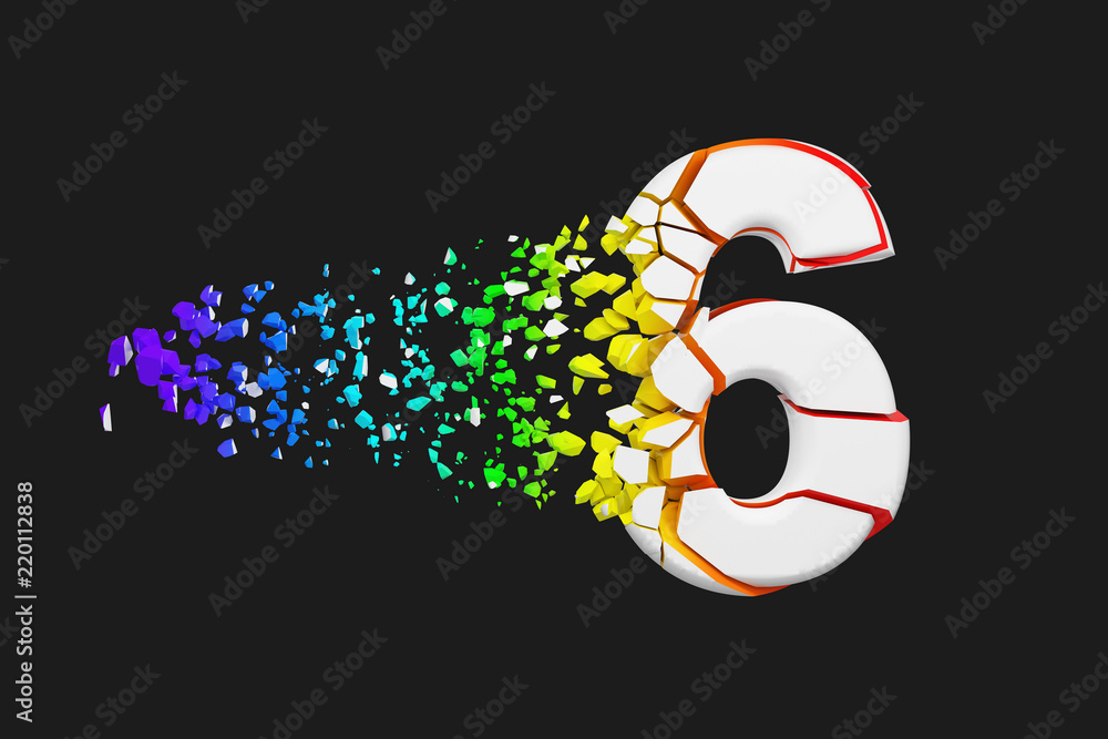 Fototapete broken shattered iridescent alphabet number 6. crushed white and rainbow font. 3d render isolated on
