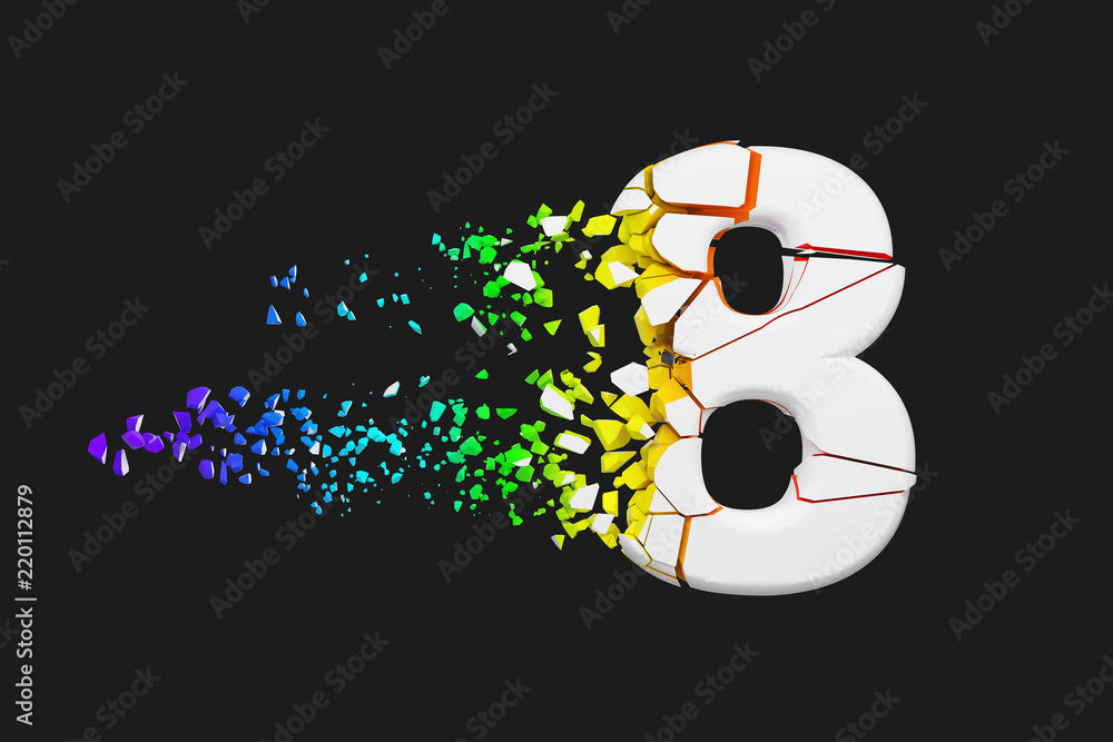 Fototapete broken shattered iridescent alphabet number 8. crushed white and rainbow font. 3d render isolated on