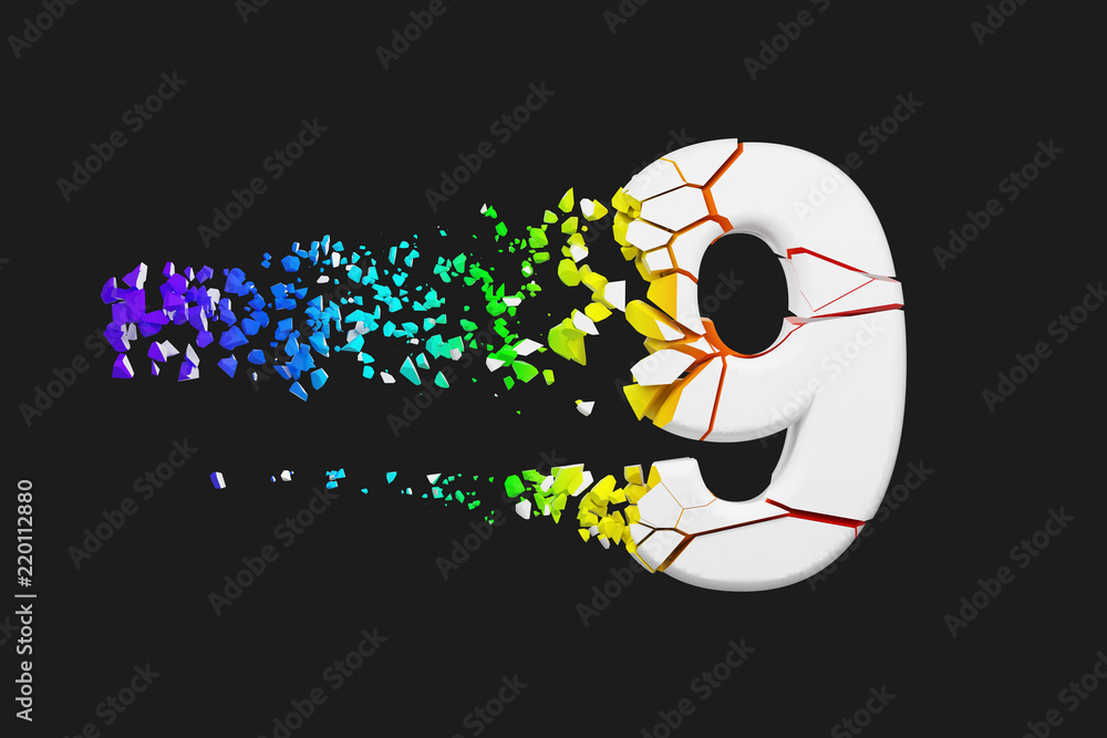 Poster broken shattered iridescent alphabet number 9. crushed white and rainbow font. 3d render isolated on