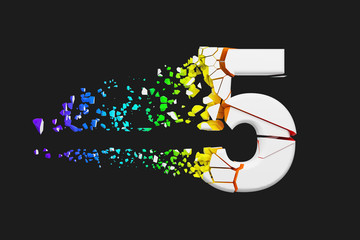 Broken shattered iridescent alphabet number 5. Crushed white and rainbow font. 3D render isolated on gray background.