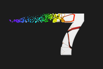 Broken shattered iridescent alphabet number 7. Crushed white and rainbow font. 3D render isolated on gray background.